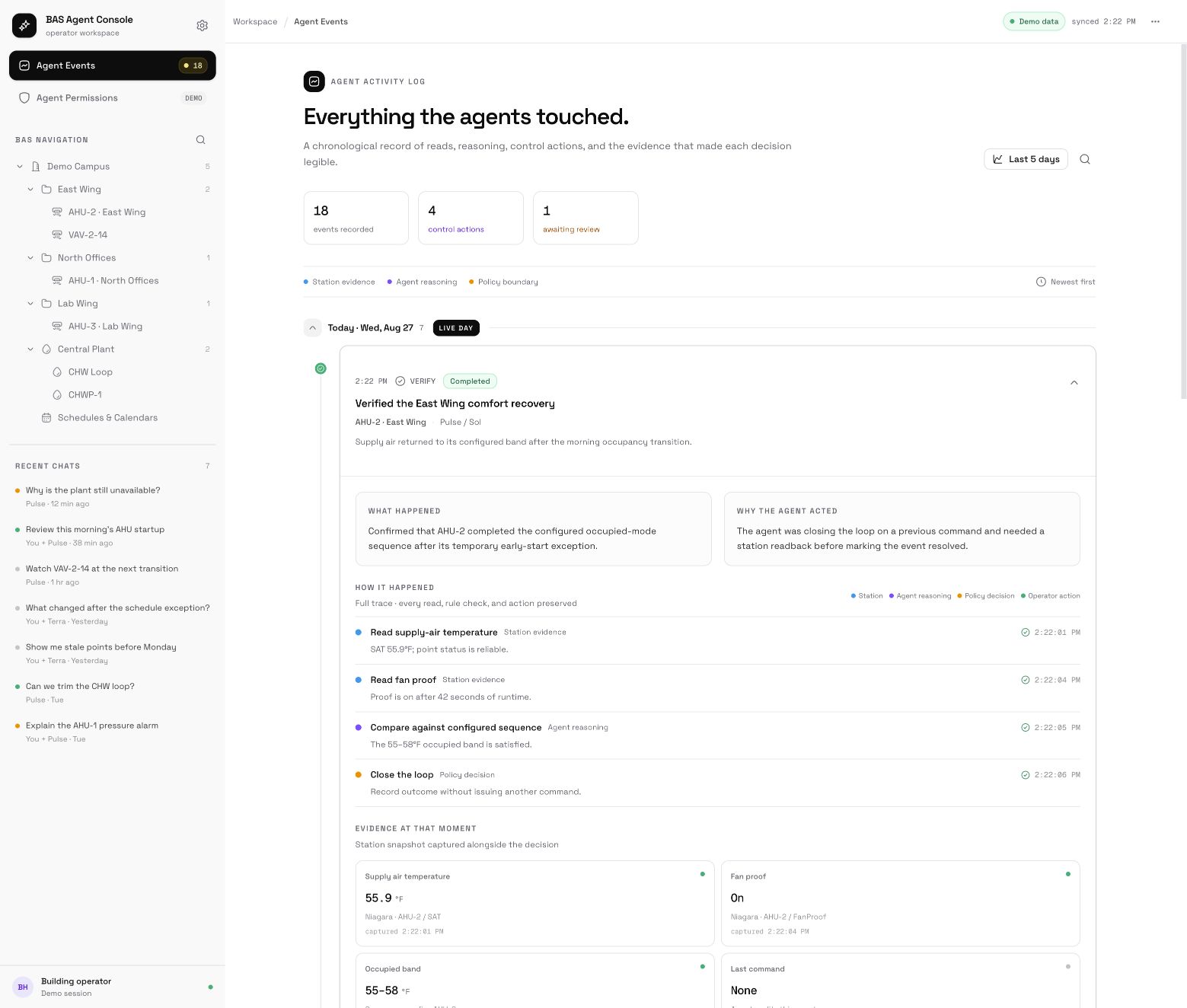BAS Agent Console showing a chronological agent activity log with station evidence, reasoning, and policy decisions