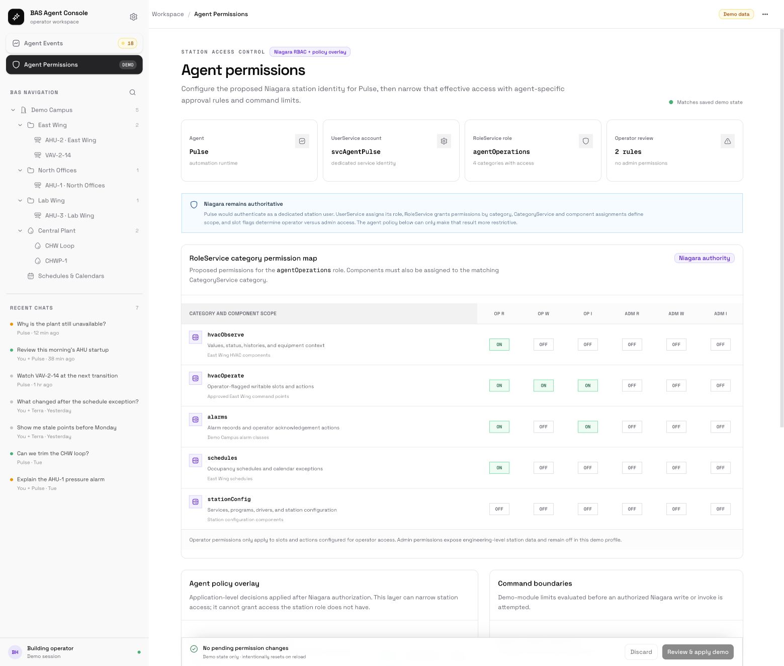 Agent permissions screen showing Niagara role categories, policy rules, and command boundaries