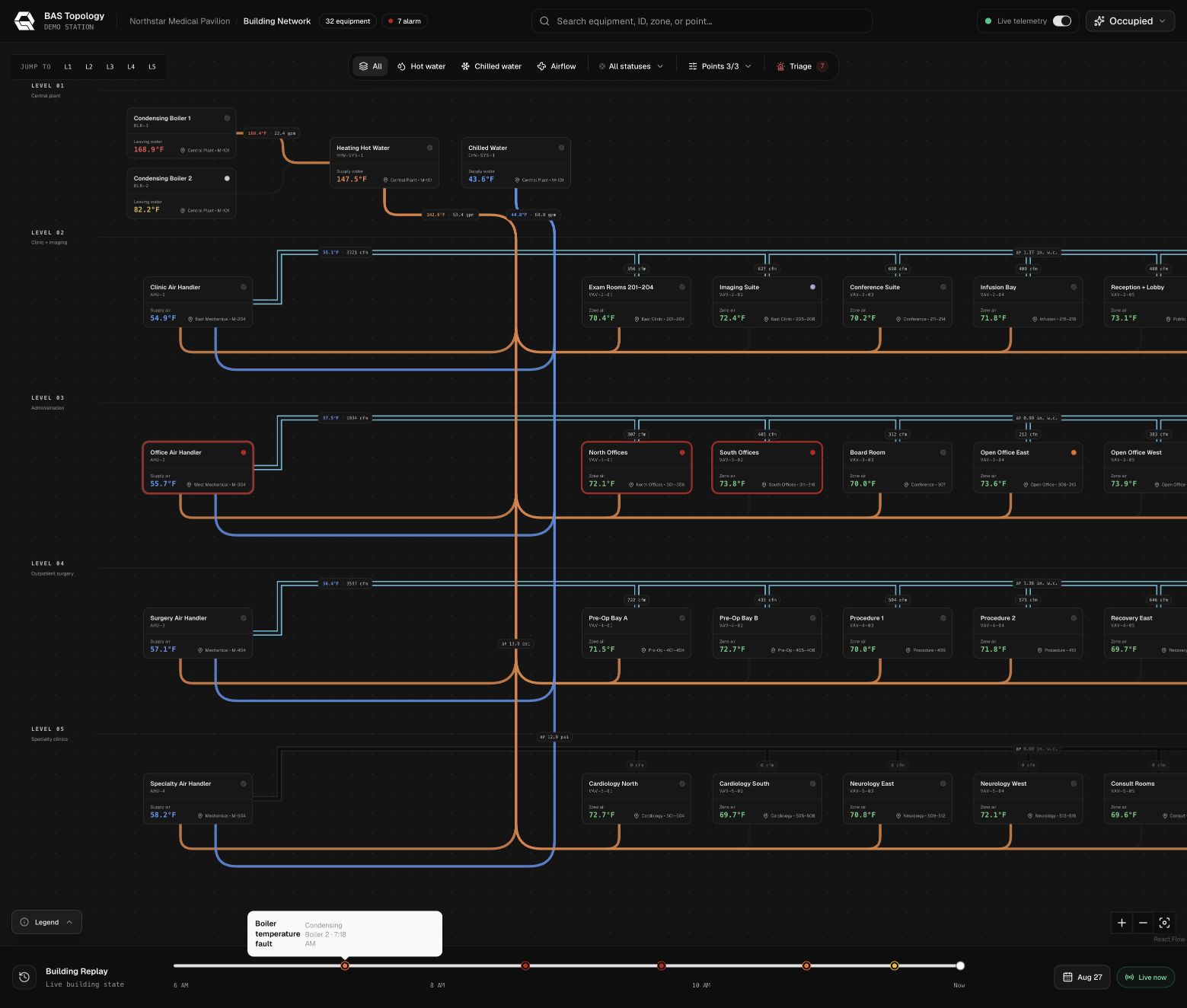 Building Replay timeline showing a selected historical building event