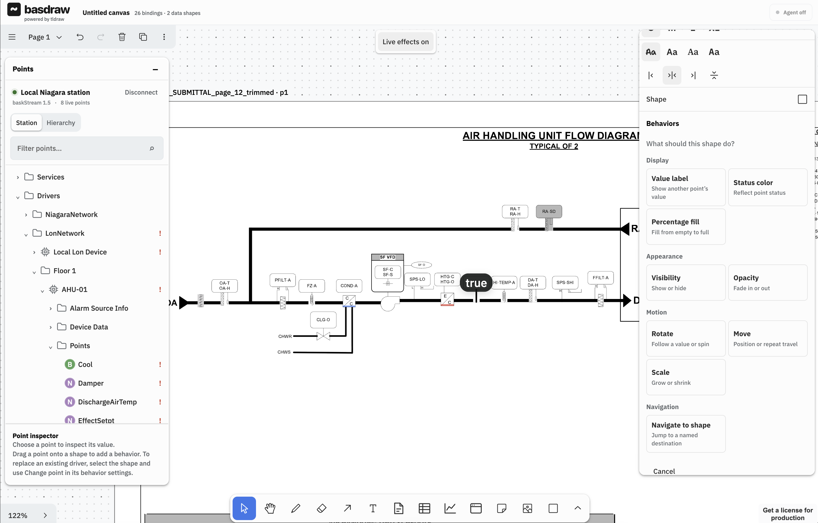 Imported air-handling unit flow diagram on the basdraw canvas with live Niagara points