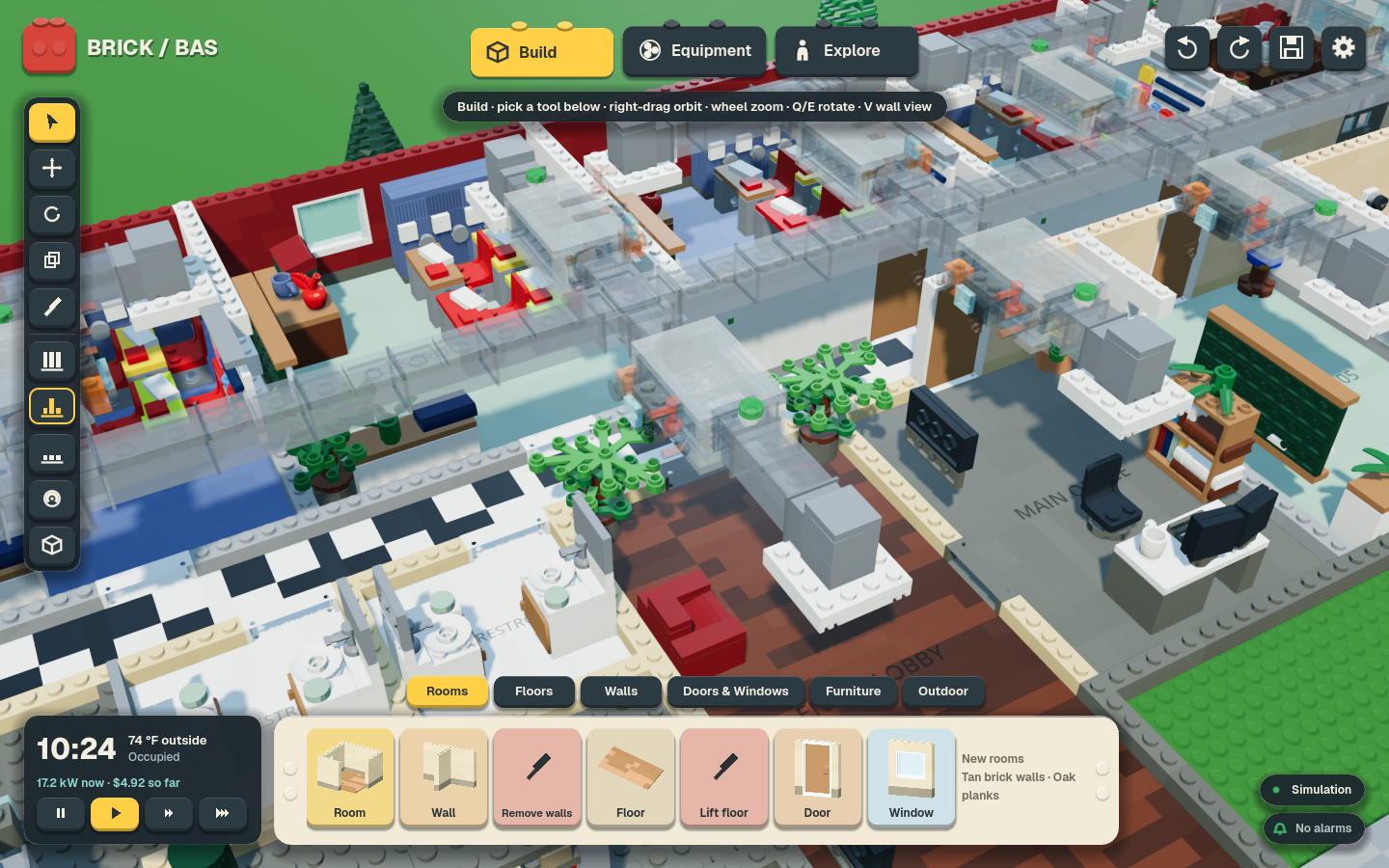 brick-bas Build mode with the parts tray of room, wall, floor, door, and window tools under a furnished school