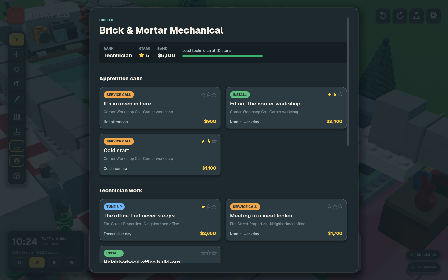 brick-bas career job board listing service calls, an install, and a tune-up, with rank, stars, and bank balance