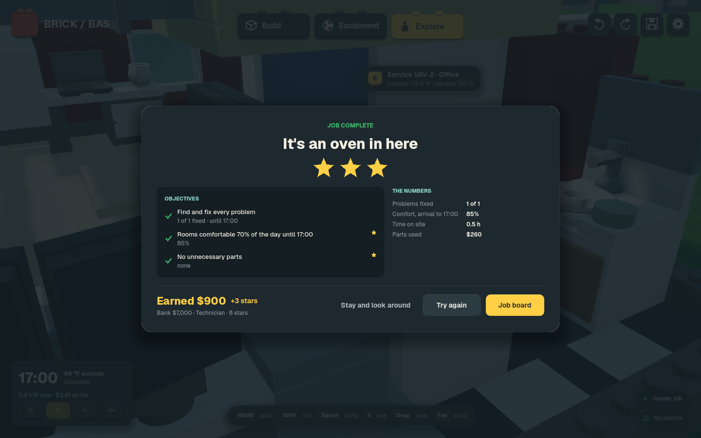 brick-bas job results showing three stars, the objectives met, and the fee earned