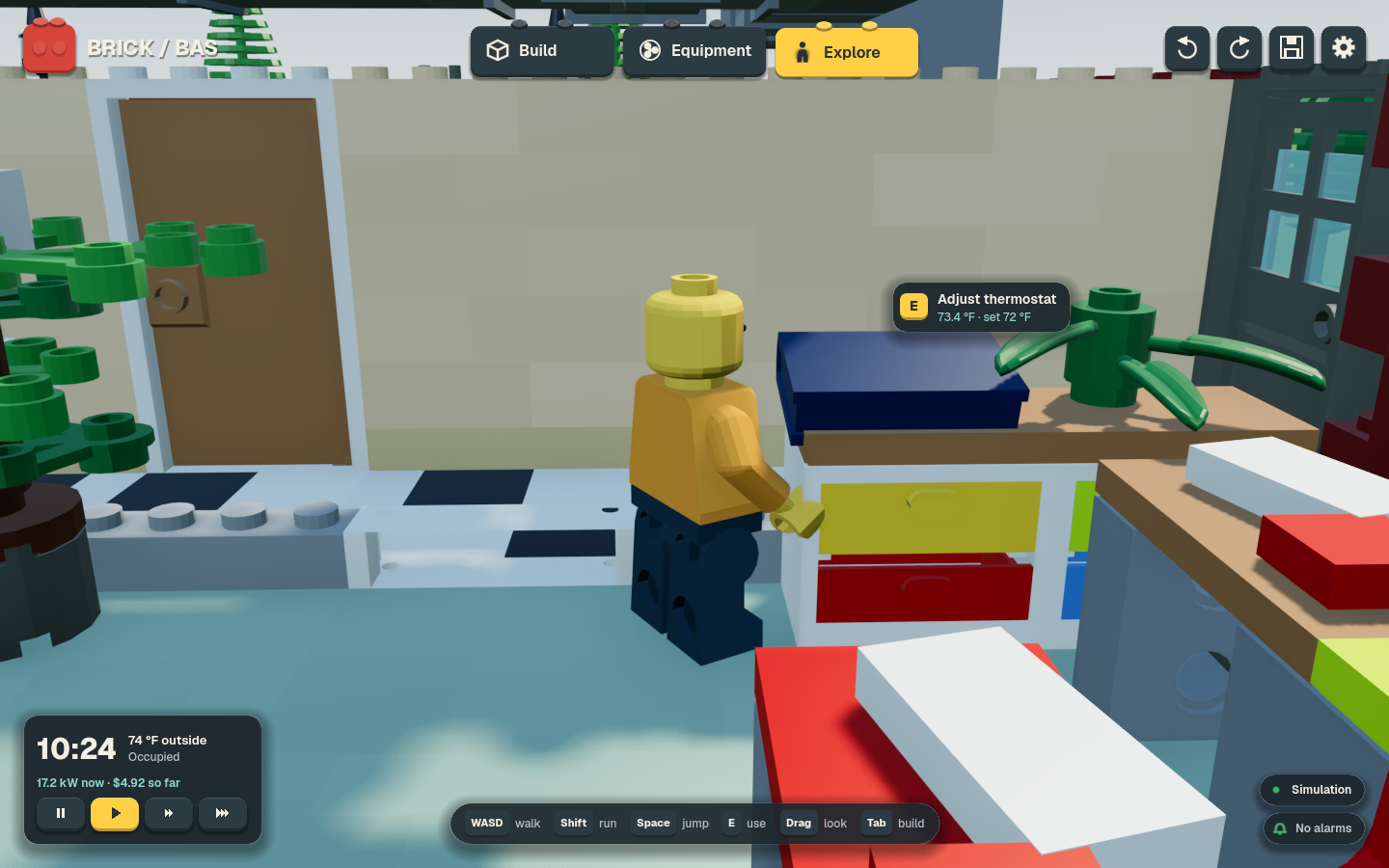 A minifigure in a brick-bas classroom next to the thermostat, with a prompt to adjust it