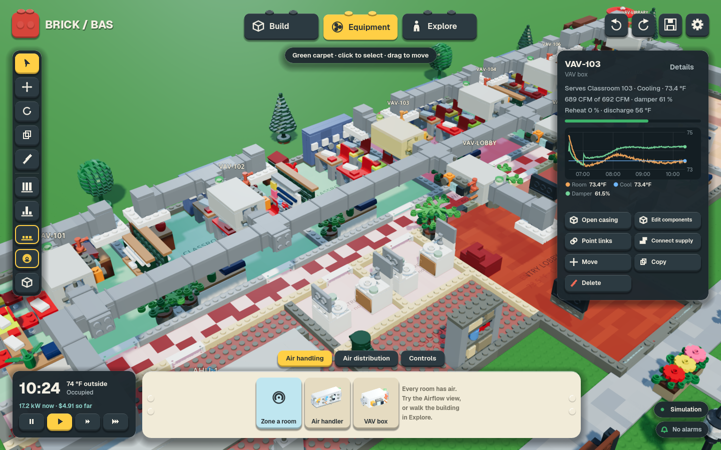 brick-bas school in Equipment mode, with ductwork over the classrooms and a VAV's readout and temperature trend open