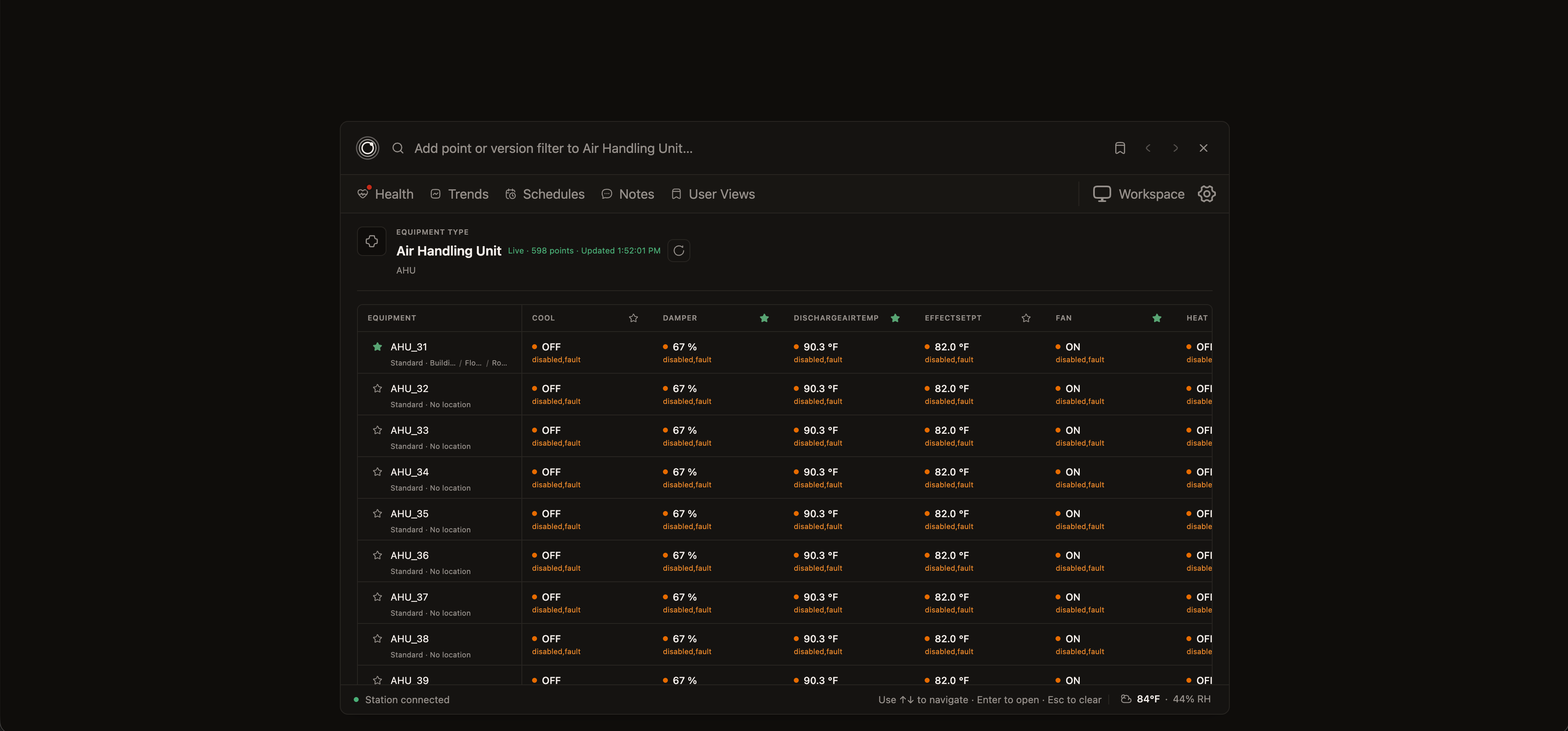 Dial Command showing a compact summary of live air-handler values