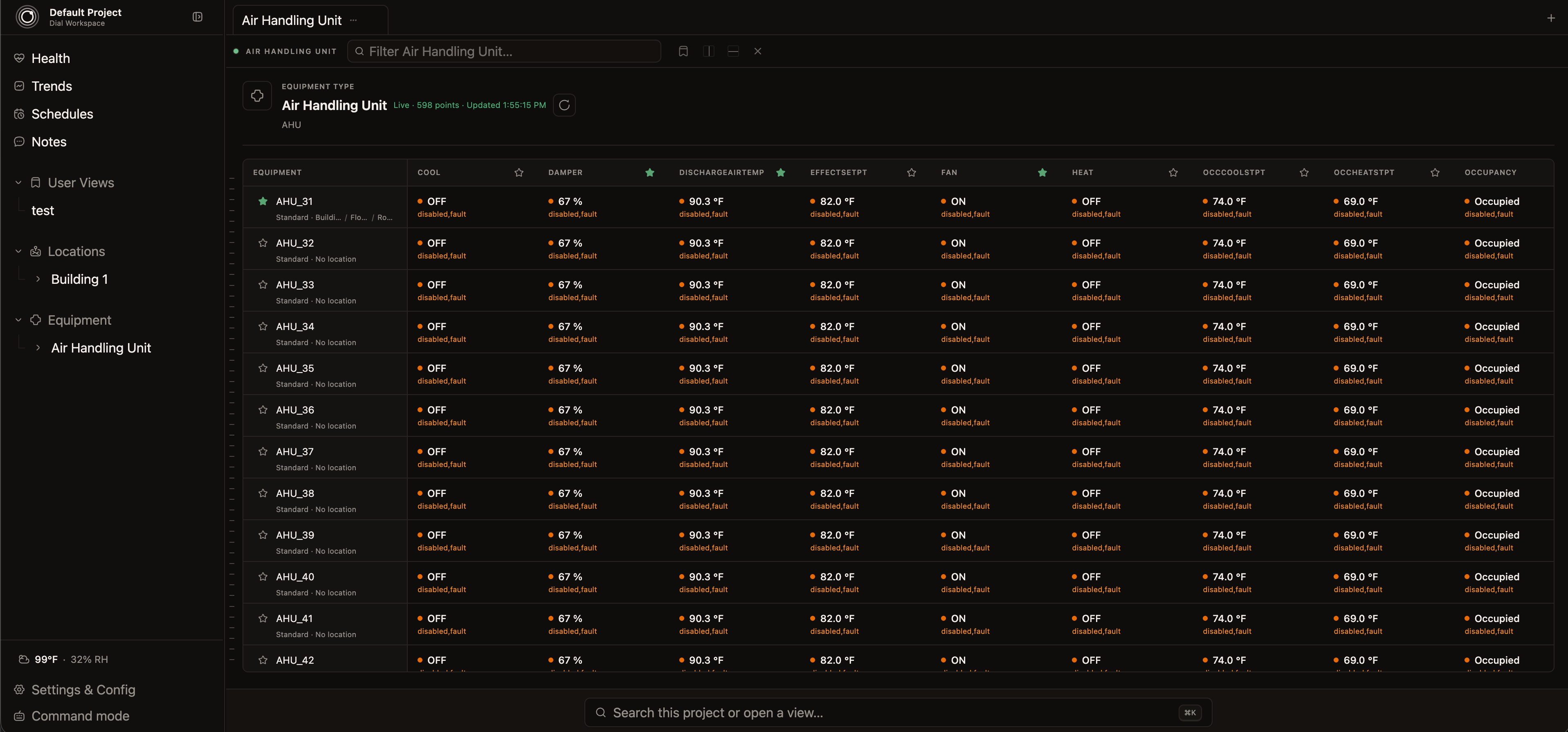 Dial Workspace showing pinnable tabs, equipment-based navigation, and a live equipment summary