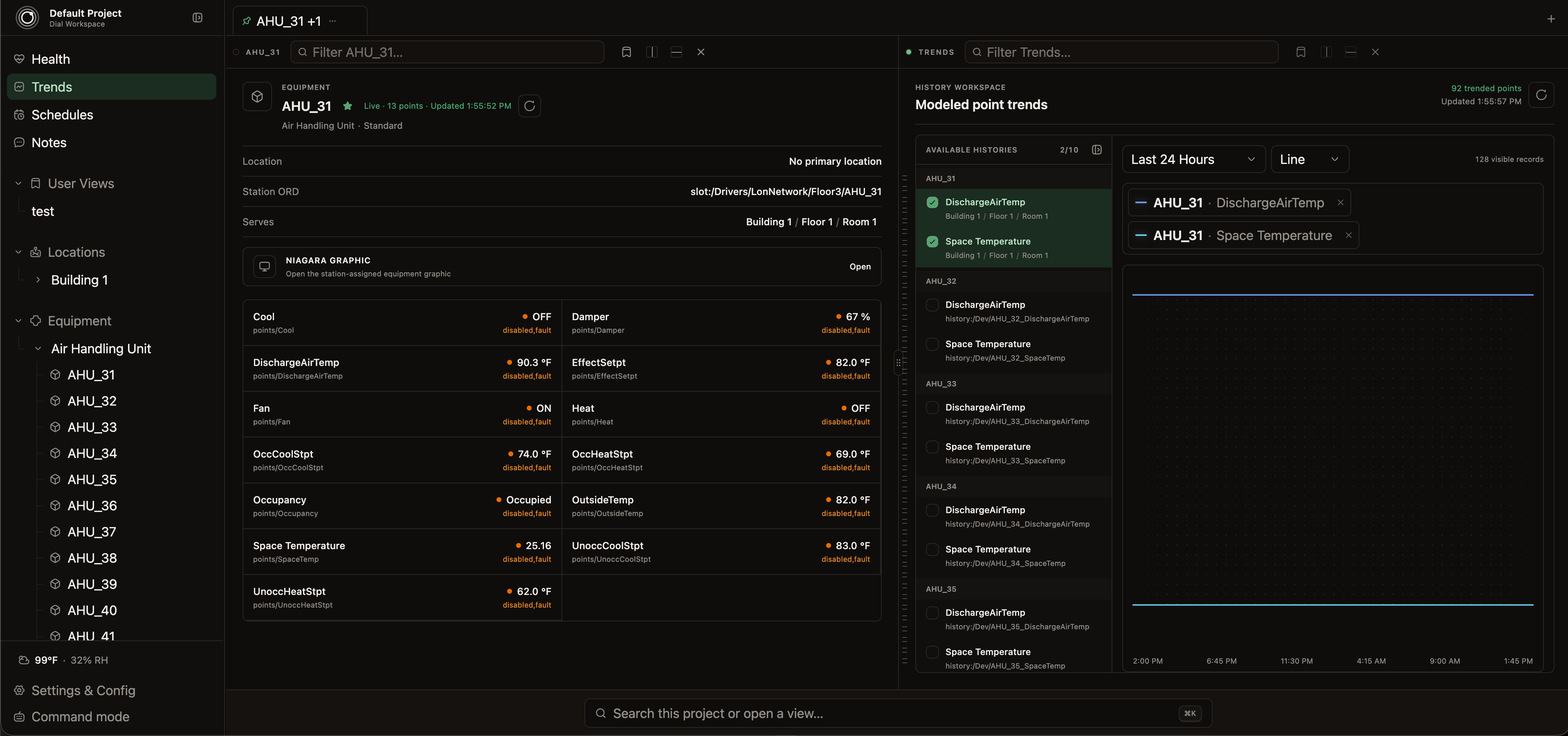 Dial Workspace with an equipment summary and point histories in adjacent panes.