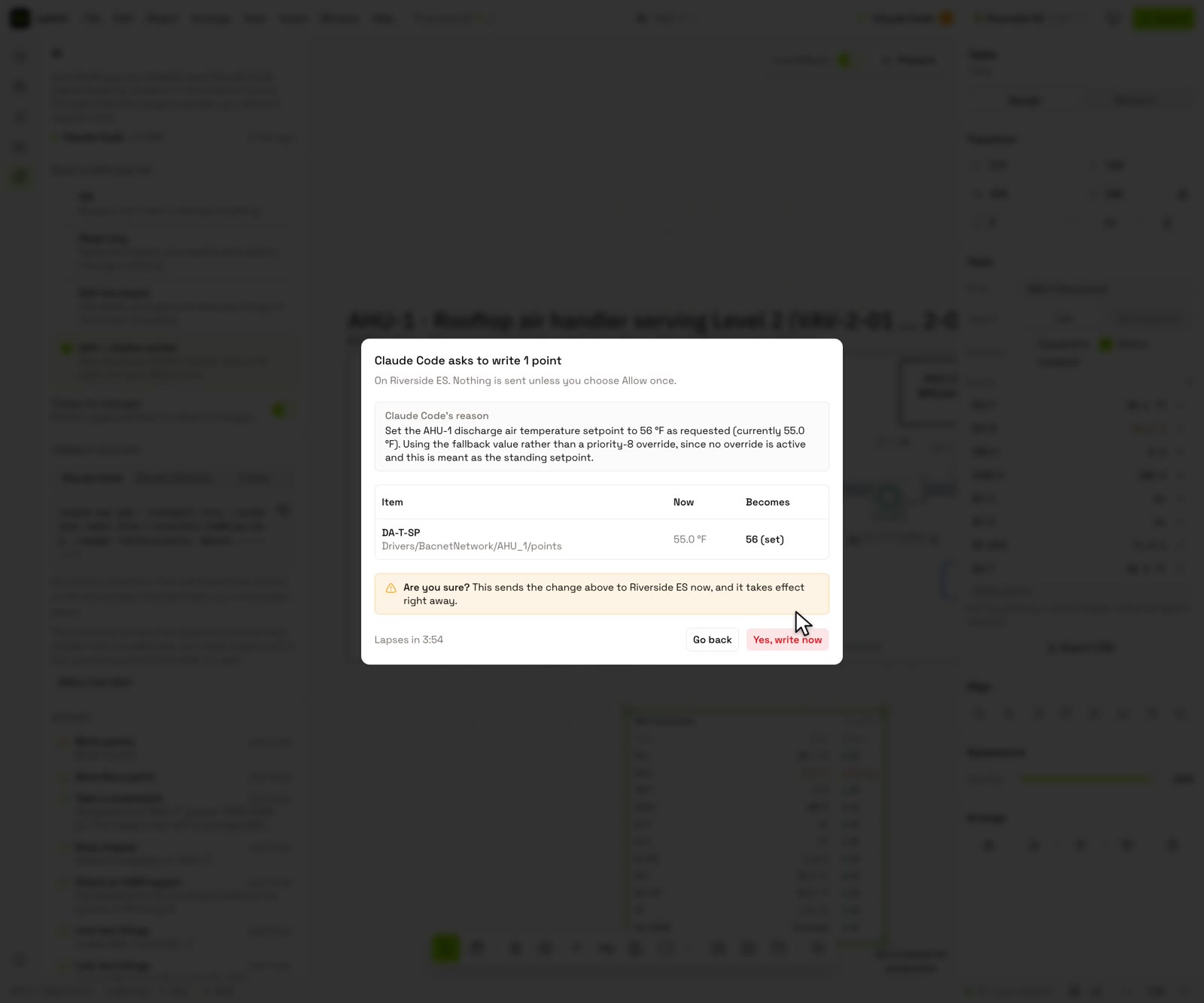 A dialog asking to approve Claude Code's request to write a setpoint, with an are-you-sure confirmation