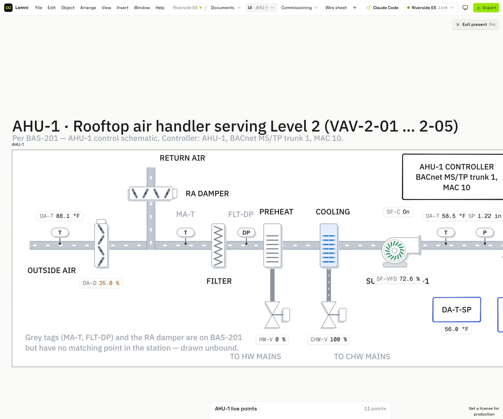 An air handler graphic with live values that Claude Code built from a control drawing
