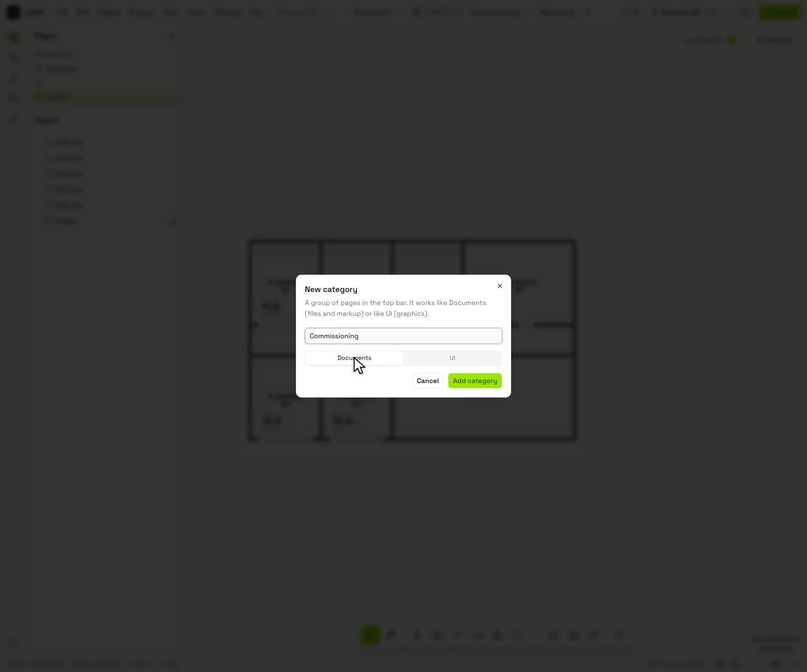 The New category dialog in Lemni with Commissioning typed in and Documents chosen