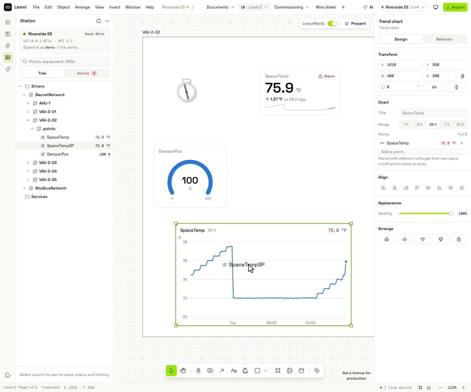 A zone graphic with a live stat tile, damper position gauge and trend chart built from station points