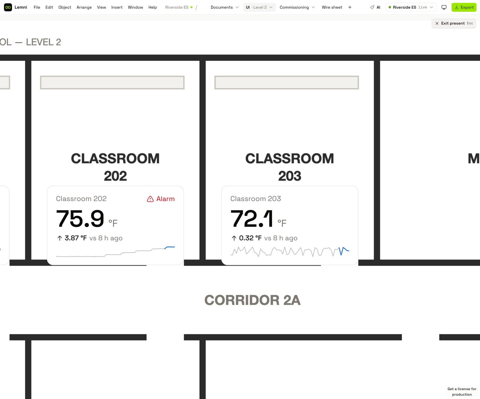 A Level 2 floor plan in present mode with live temperature tiles in each classroom