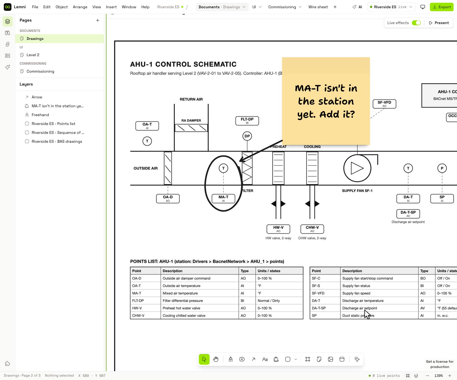 A pen loop, sticky note and arrow drawn on an air handler control schematic