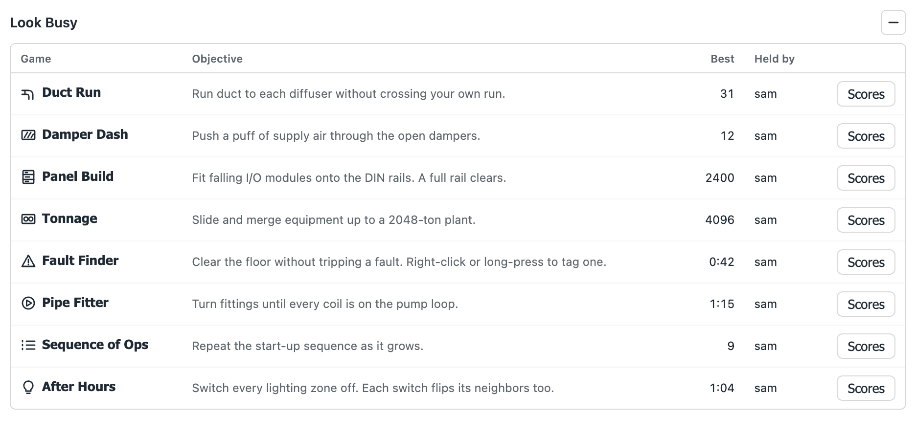 The Look Busy menu listing eight games with each game's best score and who holds it