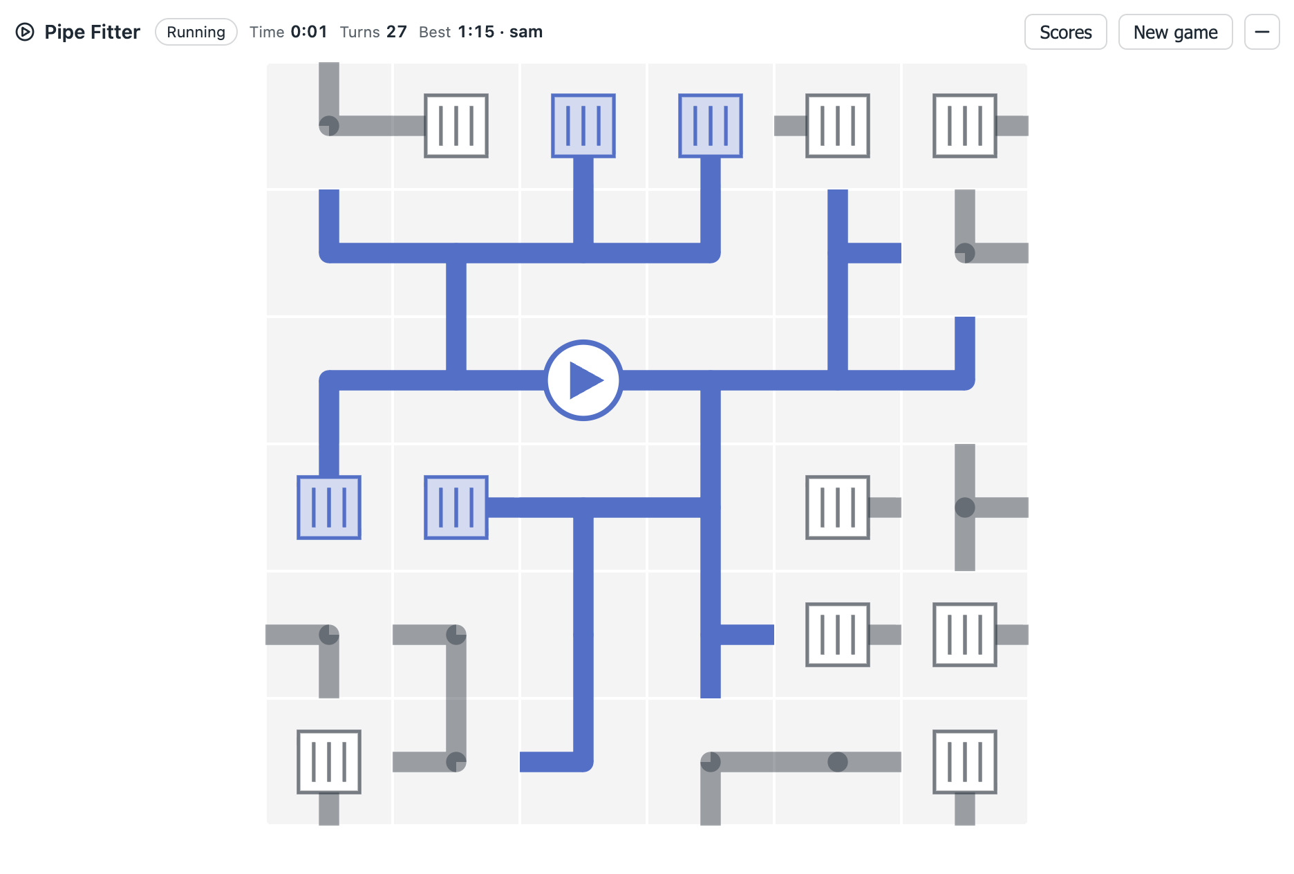Pipe Fitter: a piping plan with a pump at the center and coils, some fittings filled with water