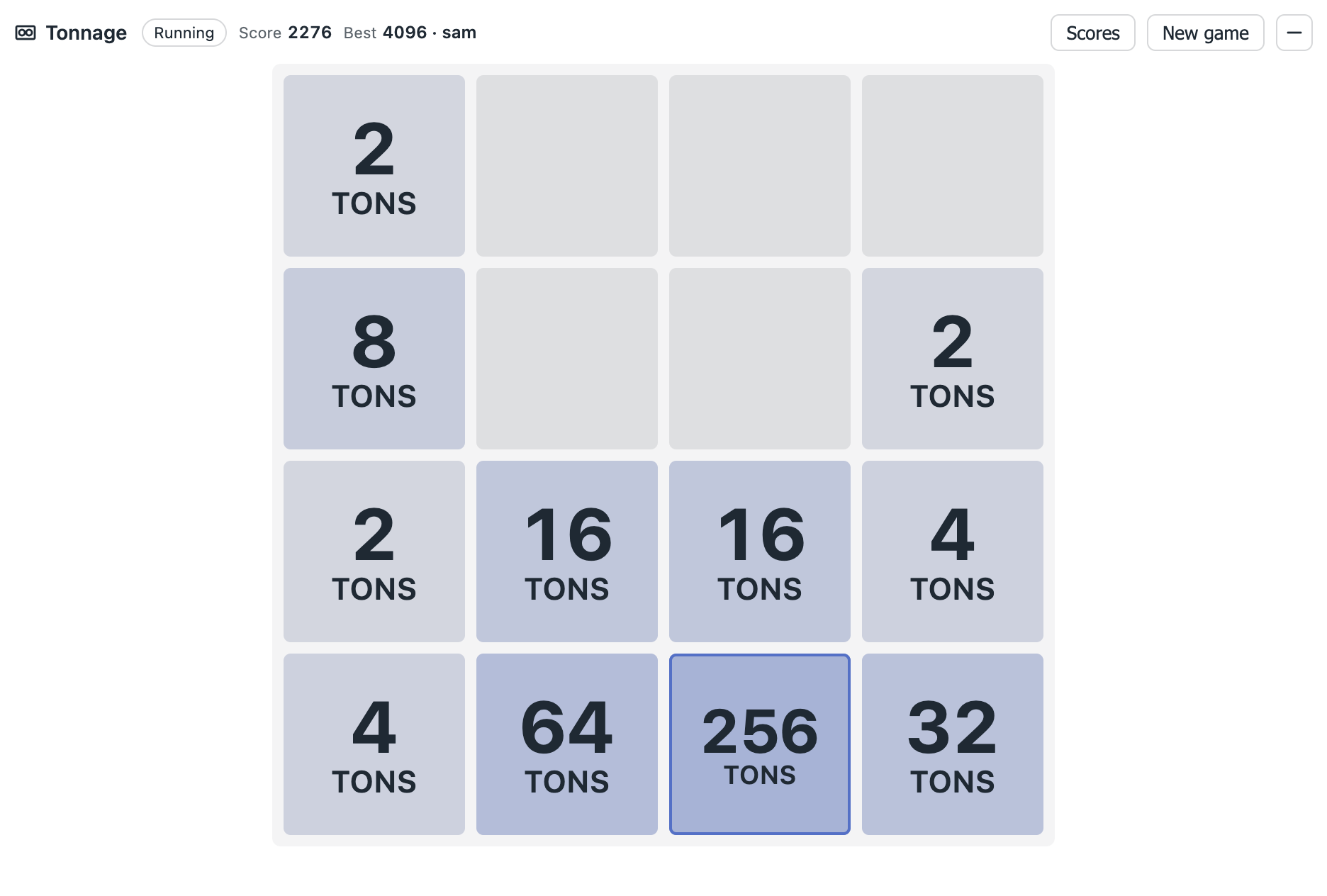 Tonnage: a four by four grid of tiles labeled in tons, up to 256 tons
