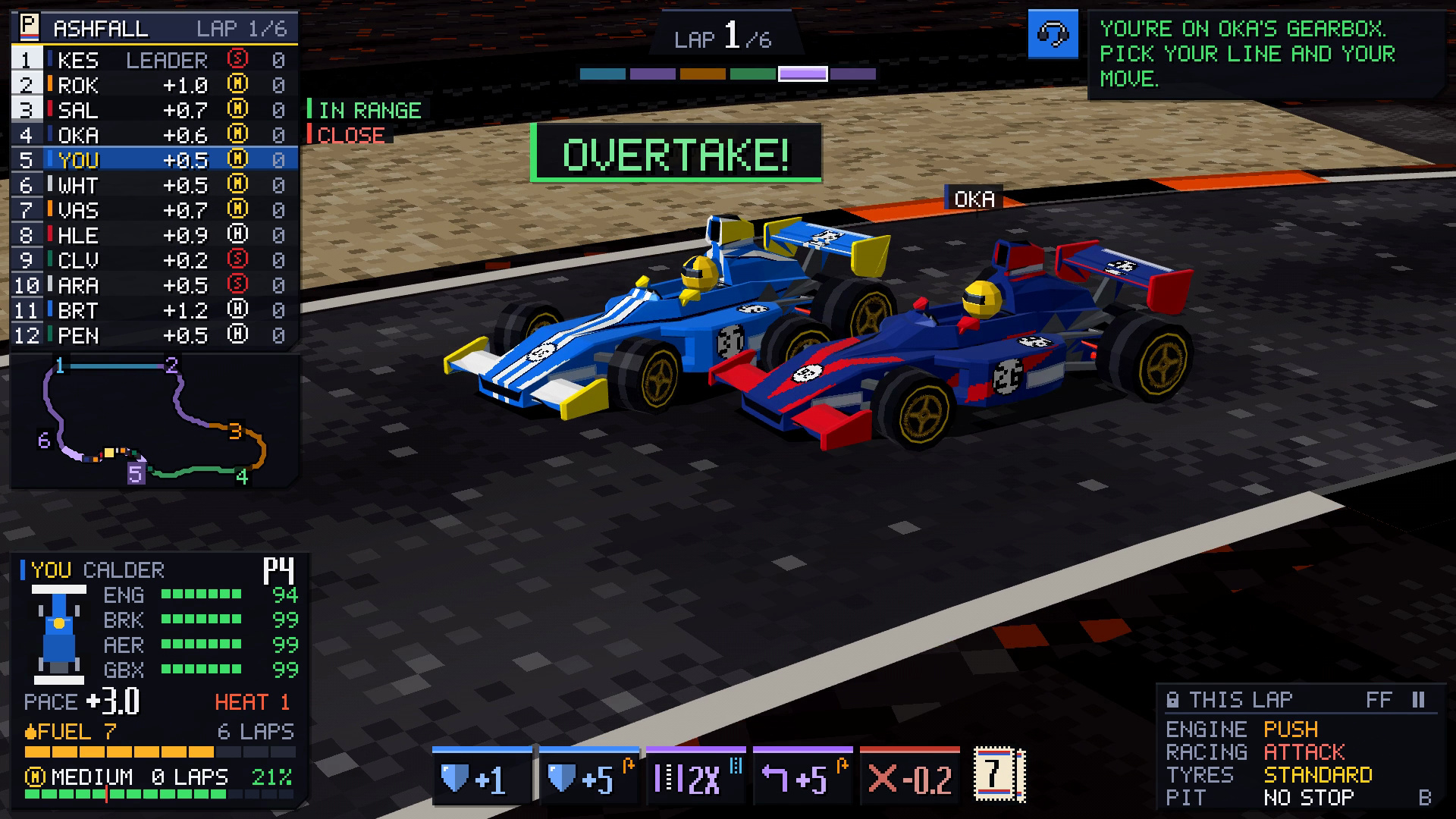 Pace Cards at Ashfall at dusk, the blue car passing a rival under an OVERTAKE banner