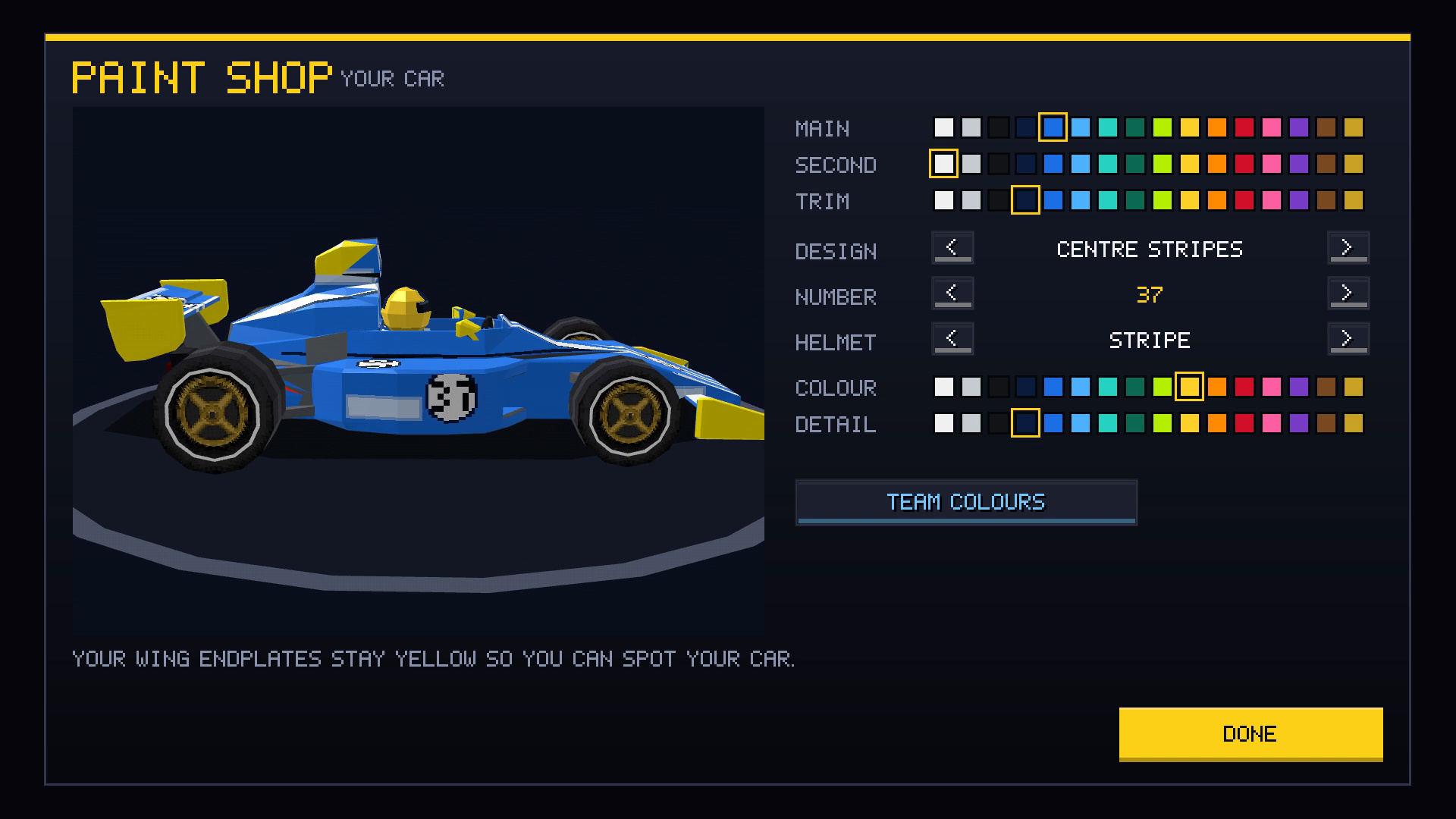 Pace Cards Paint Shop with the blue number 37 on a turntable and colour, design, number, and helmet options