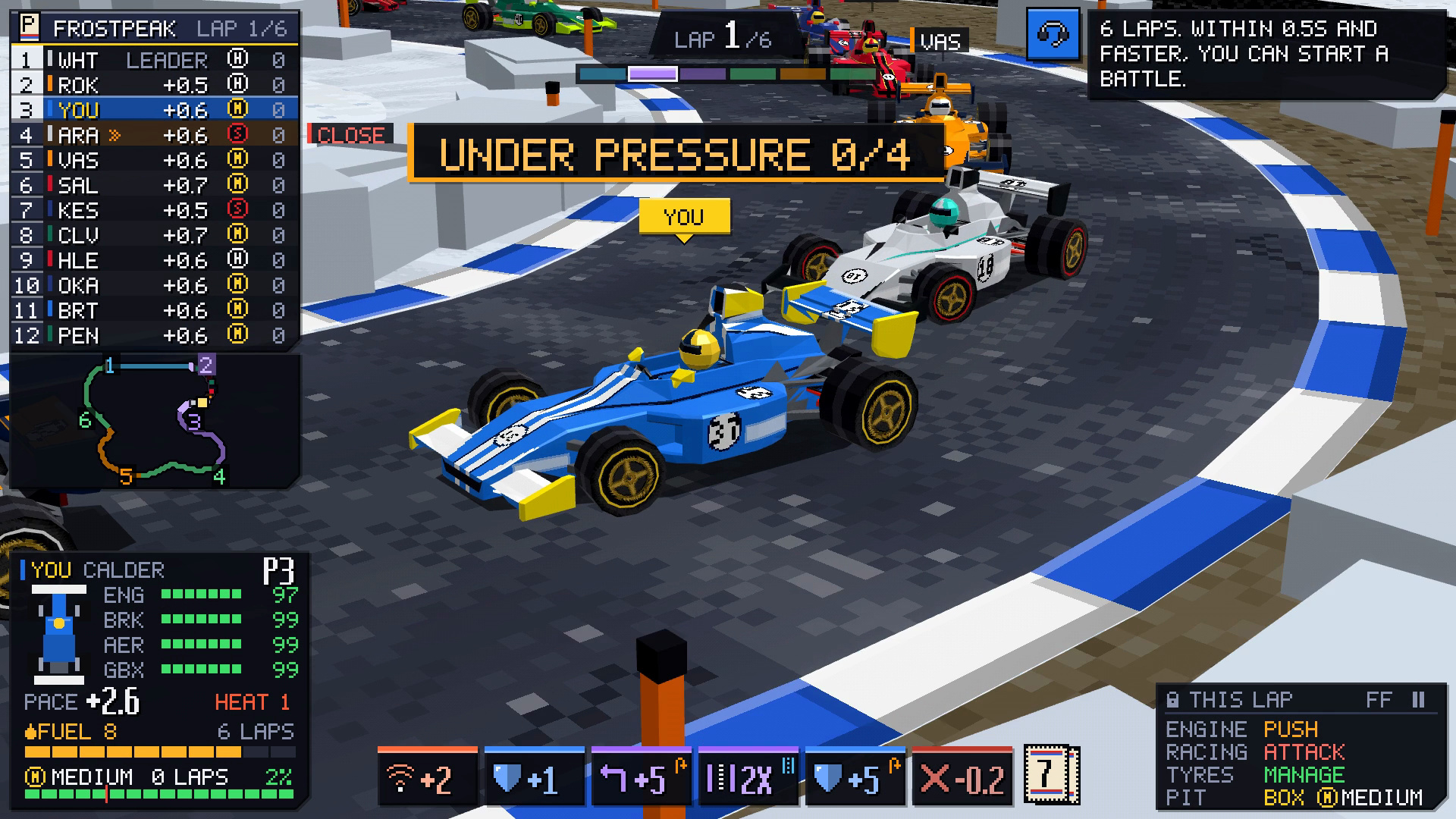 Pace Cards at Frostpeak, the blue car under pressure from a rival on a snowy circuit